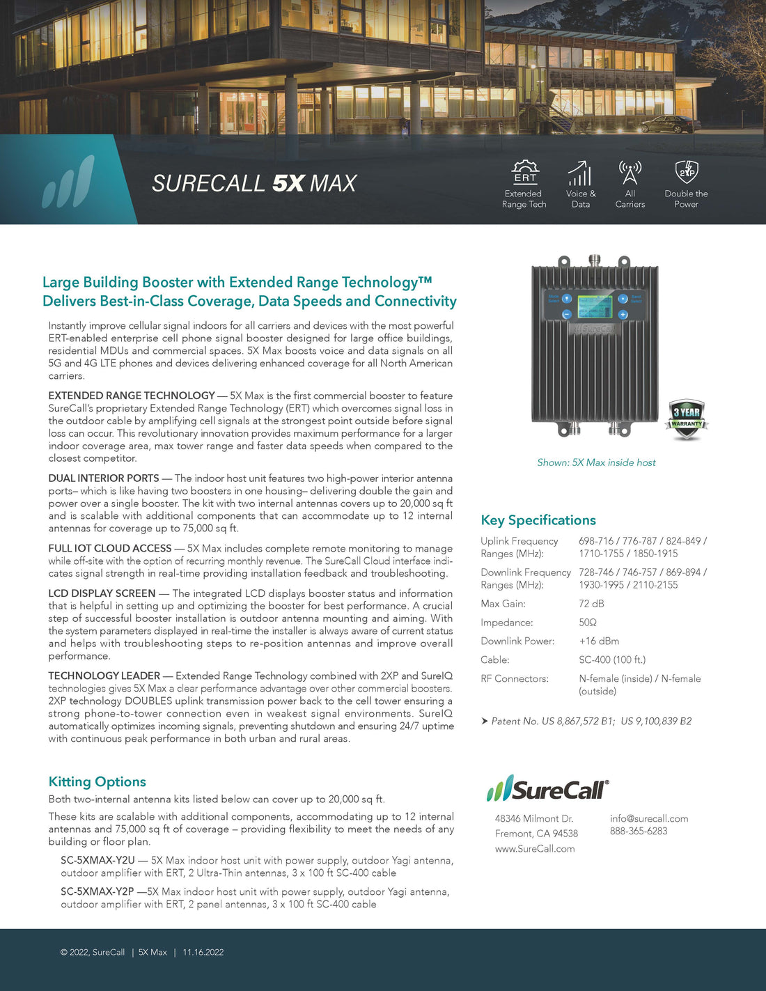 SureCall 5X Max Large Building Cell Phone Signal Booster with Yagi 2 Panel Antennas