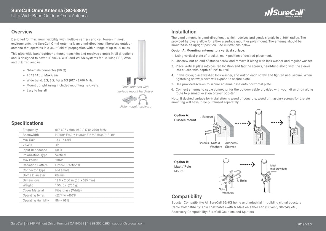 5G Outdoor Omni Antenna Ultra-wideband omni-directional outdoor antenna: 2G, 3G, 4G, 5G,  (617 - 2700 MHz)